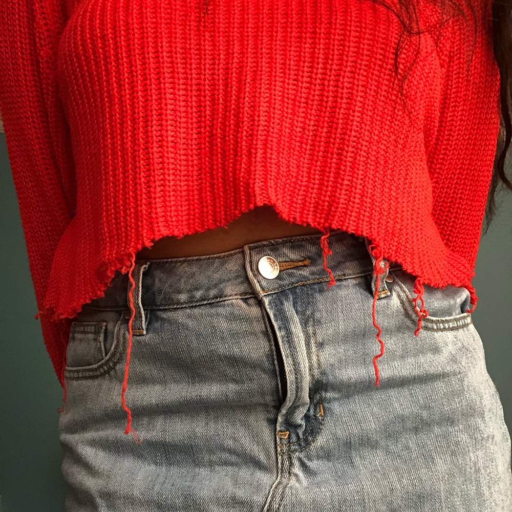 Bright orange-red H&M cropped raw edge sweater